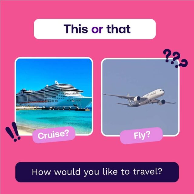 🌊Here's one for you: Enjoying a leisurely cruise or flying overseas? 
Which mode of travel ignites your sense of adventure more? 🌍
 
Post your thoughts below and let's explore the world of travel preferences together! 💬
 
#CruiseOrFly #ExplorationEssentials #VoiceYourChoice