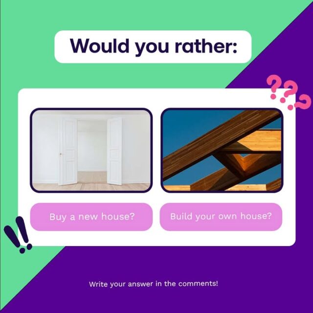 🏠 Time for a "Would You Rather" scenario!
 
Would you rather go for a pre-built house or take on the task of constructing your own home? When it comes to imagining your dream sanctuary, which path sings to your heart? 🏡 
 
Share your thoughts below and let's delve into the realm of housing aspirations! 💬
 
#NewHouseVsBuild #HomeDreams #VoiceYourHousingChoice